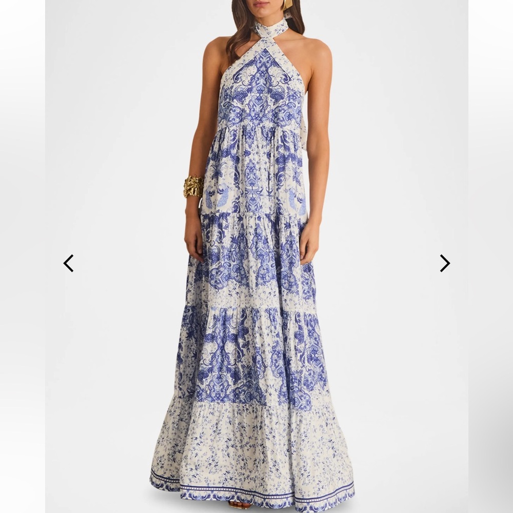 NWT Aqua Blu Australia Blue and White Evelyn Backless Halter Maxi